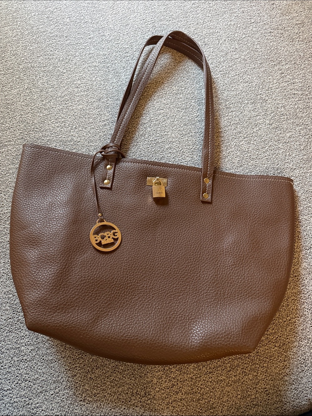 BCBG Brown Pebbled Leather Tote with Gold Charm
